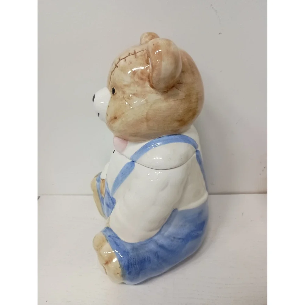 Vintage Teddy Bear Cookie Jar Blue Tan Ceramic Country Kitchen Decor